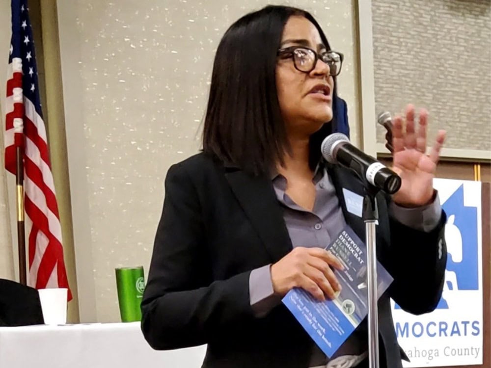Diane Russell speaking during a Cuyahoga County Democrats event